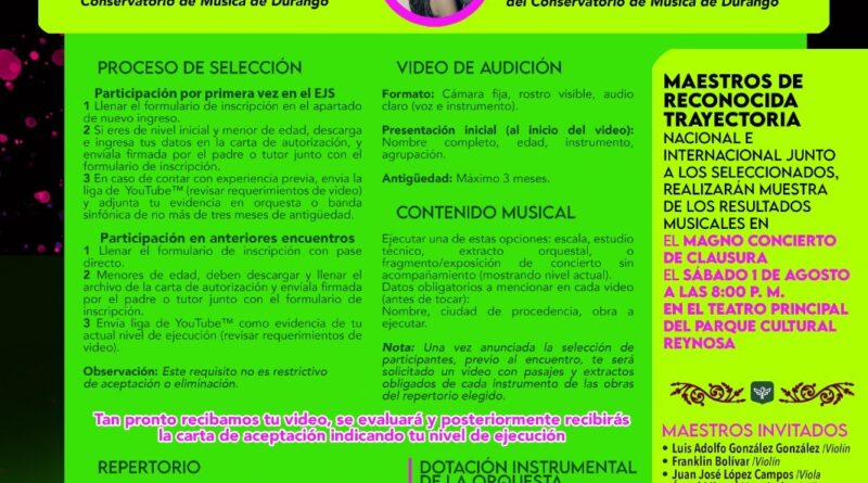 Gobierno de Carlos Peña Ortiz Convoca a Jóvenes Músicos a Inscribirse al 9° Encuentro Juvenil Sinfónico Gobierno de Carlos Peña Ortiz Convoca a Jóvenes Músicos a Inscribirse al 9° Encuentro Juvenil Sinfónico