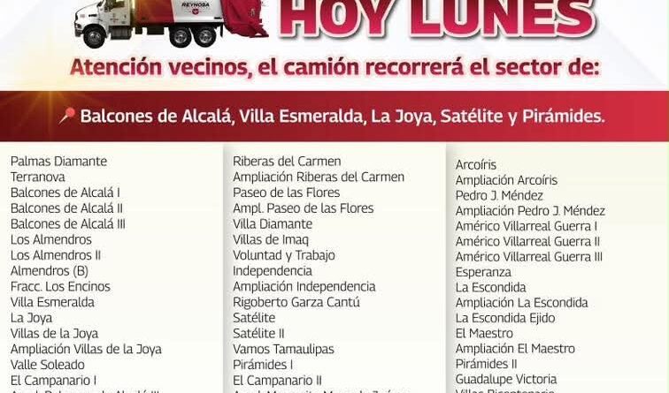 Colonias de Reynosa con Servicio de Recolección de Basura este Lunes Colonias de Reynosa con Servicio de Recolección de Basura este Lunes