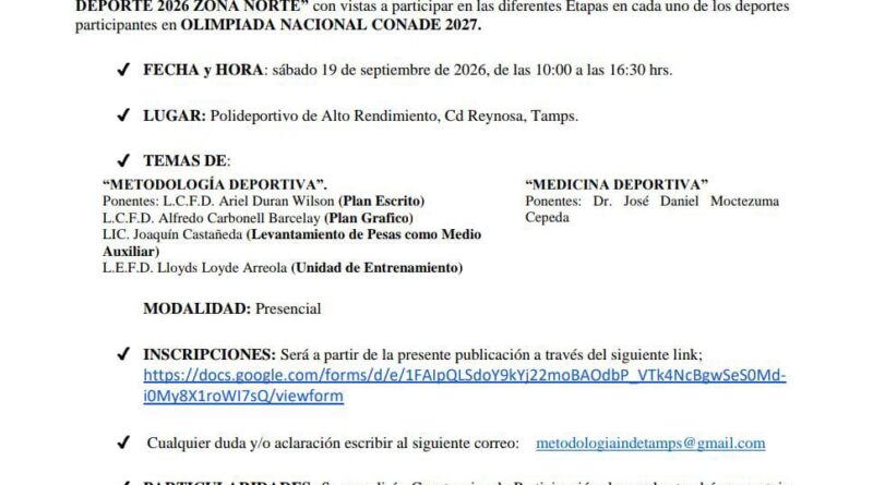 Realizarán Congreso Regional Multidisciplinario del Deporte Zona Norte 2026
